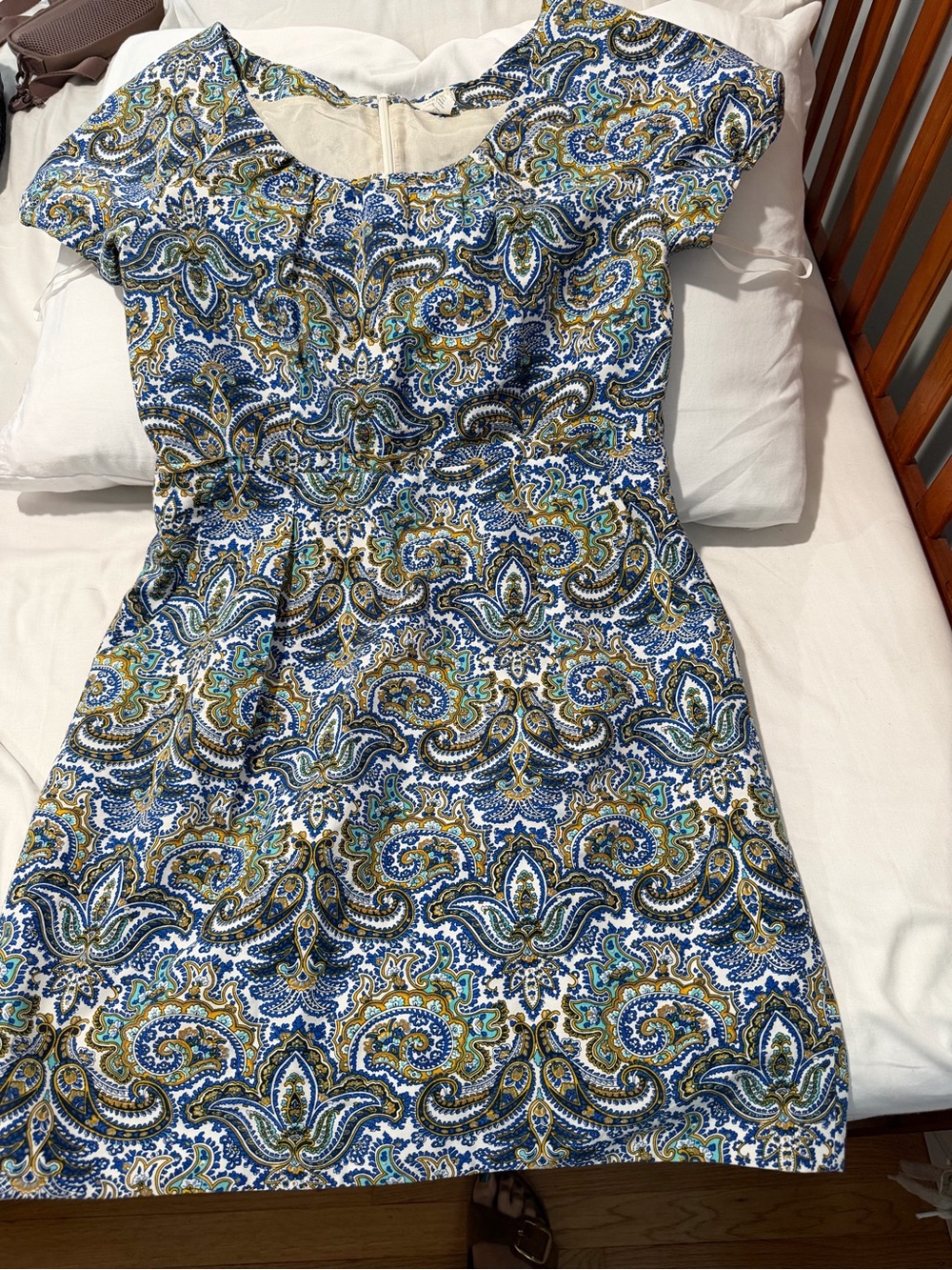 J. Crew Paisley Cap-Sleeve Dress in Blue, Green and Gold